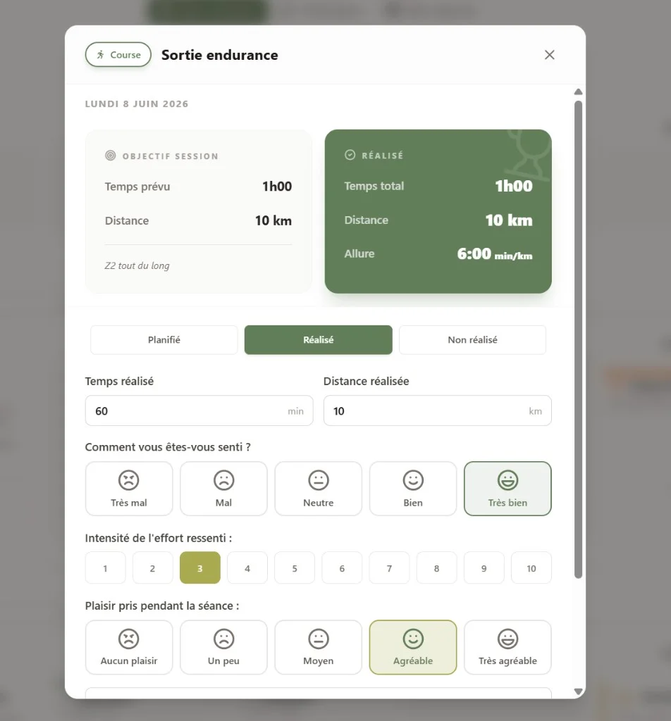 Completed workout modal with feedback