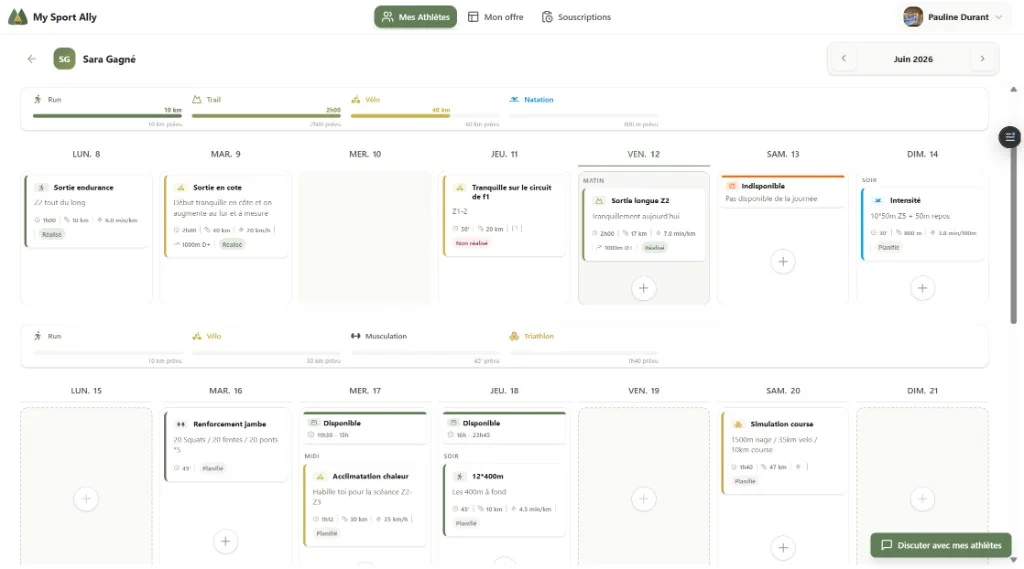 Calendrier coach pour un sportif